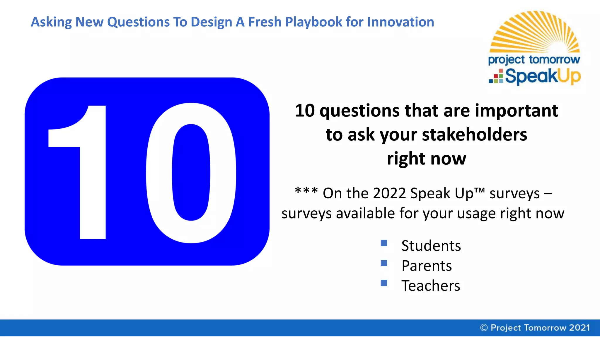 Asking New Questions To Design A Fresh Playbook for Innovation
10 questions that are important
to ask your stakeholders
right now
*** On the 2022 Speak Up™ surveys –
surveys available for your usage right now
▪ Students
▪ Parents
▪ Teachers
 