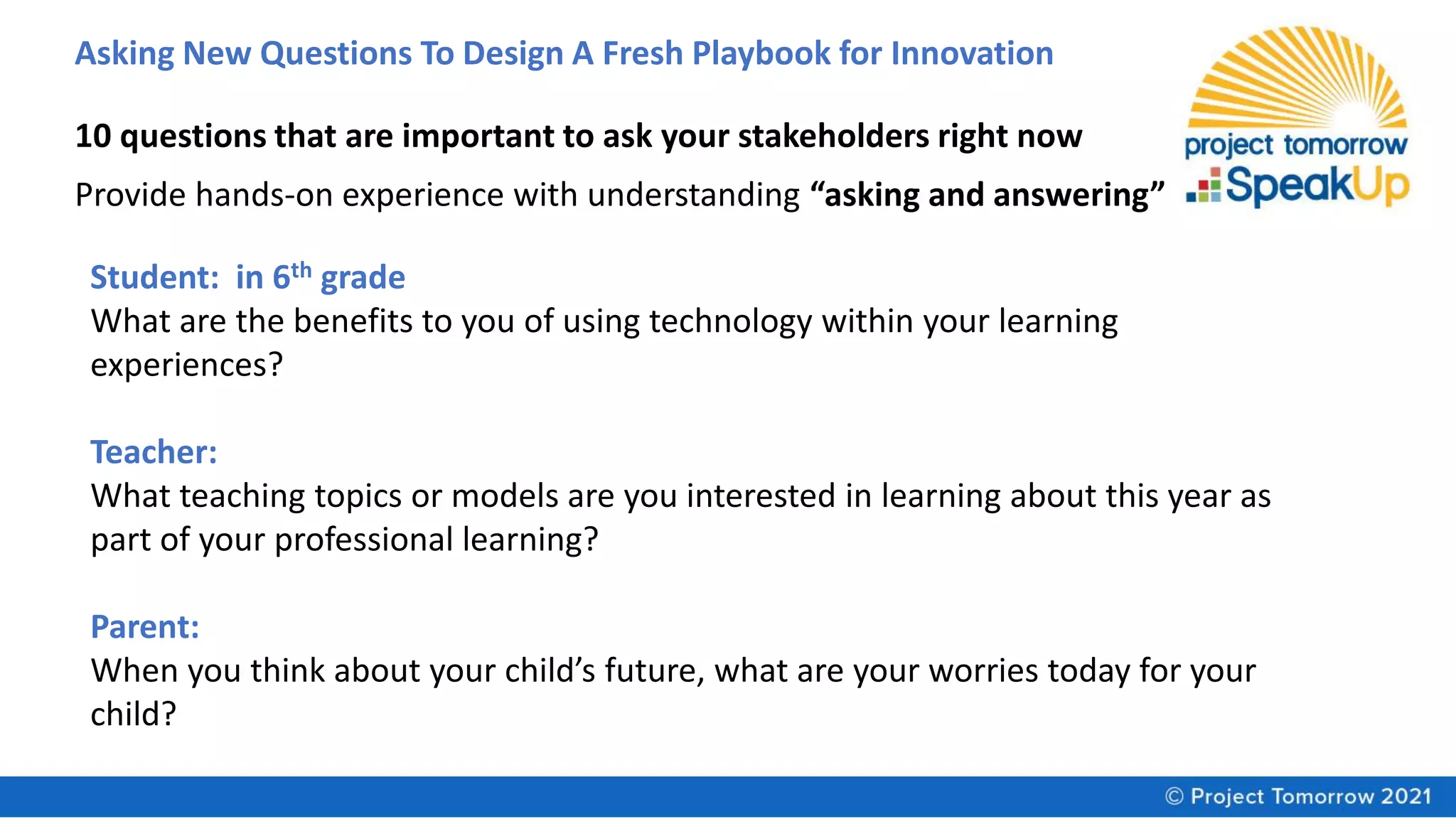 Asking New Questions To Design A Fresh Playbook for Innovation
10 questions that are important to ask your stakeholders right now
Provide hands-on experience with understanding “asking and answering”
Student: in 6th grade
What are the benefits to you of using technology within your learning
experiences?
Teacher:
What teaching topics or models are you interested in learning about this year as
part of your professional learning?
Parent:
When you think about your child’s future, what are your worries today for your
child?
 