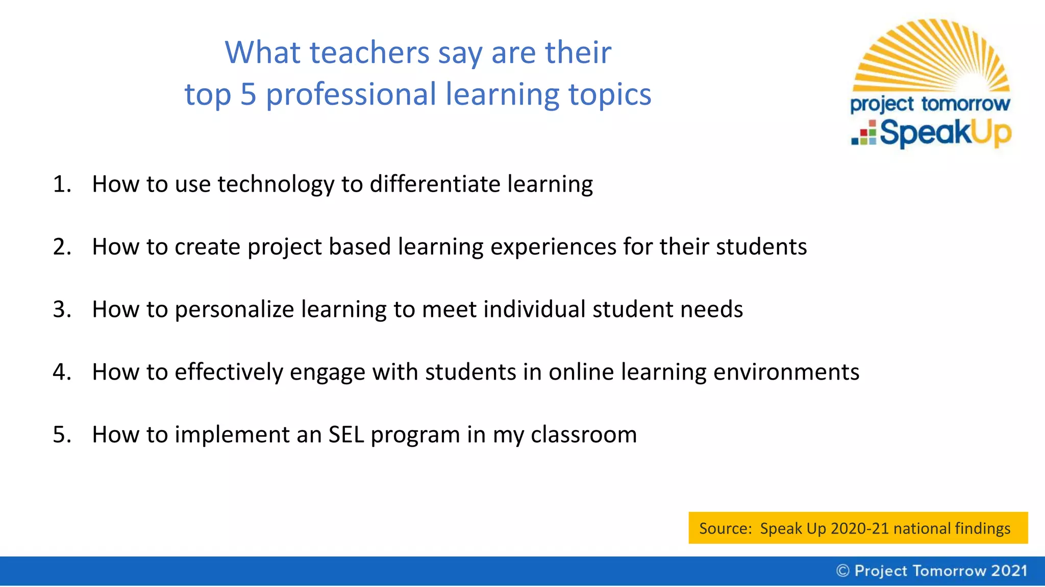 What teachers say are their
top 5 professional learning topics
1. How to use technology to differentiate learning
2. How to create project based learning experiences for their students
3. How to personalize learning to meet individual student needs
4. How to effectively engage with students in online learning environments
5. How to implement an SEL program in my classroom
Source: Speak Up 2020-21 national findings
 