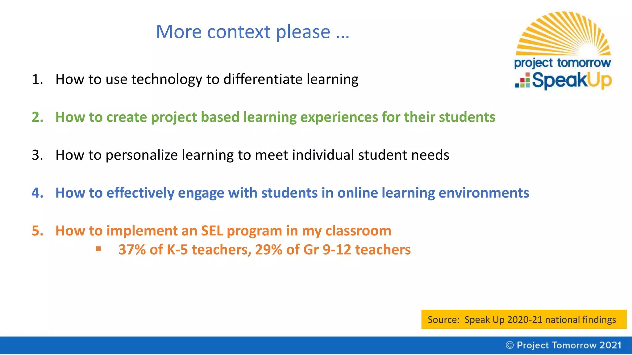 More context please …
1. How to use technology to differentiate learning
2. How to create project based learning experiences for their students
3. How to personalize learning to meet individual student needs
4. How to effectively engage with students in online learning environments
5. How to implement an SEL program in my classroom
▪ 37% of K-5 teachers, 29% of Gr 9-12 teachers
Source: Speak Up 2020-21 national findings
 