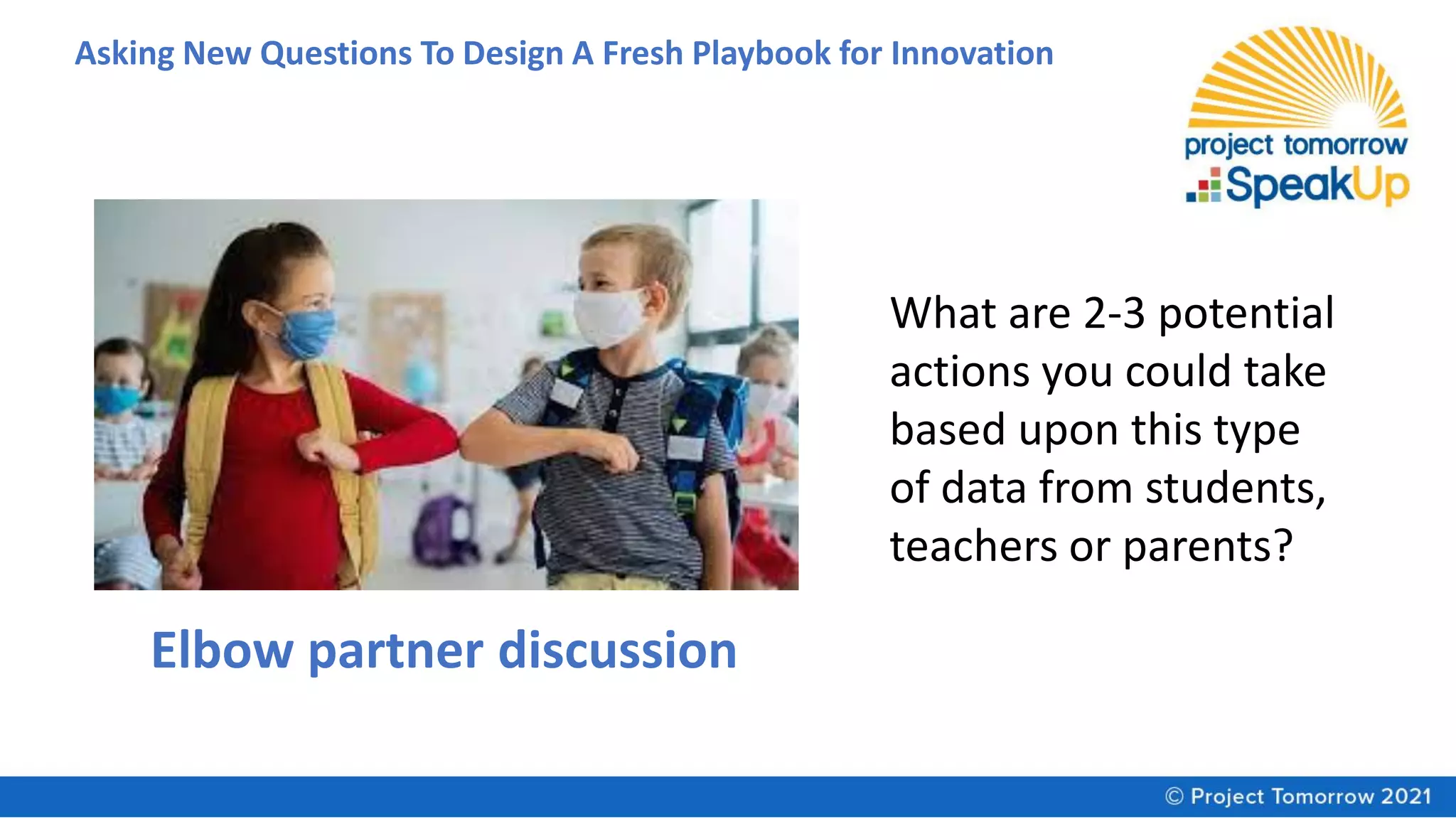 Asking New Questions To Design A Fresh Playbook for Innovation
What are 2-3 potential
actions you could take
based upon this type
of data from students,
teachers or parents?
Elbow partner discussion
 