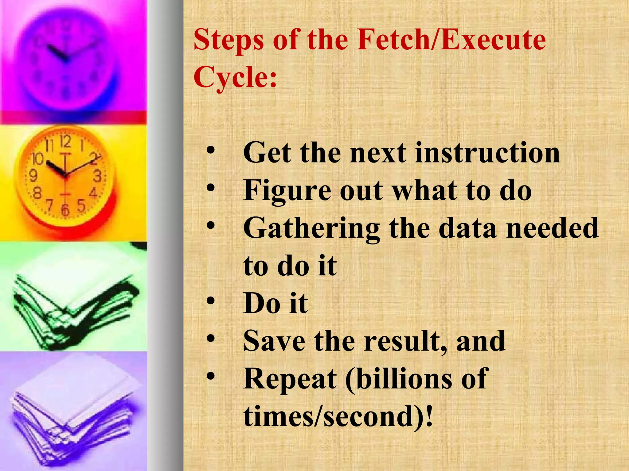 Steps of the Fetch/Execute
Cycle:
• Get the next instruction
• Figure out what to do
• Gathering the data needed
to do it
• Do it
• Save the result, and
• Repeat (billions of
times/second)!

 