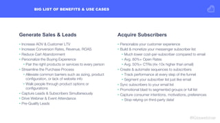 #Kisswebinar
CHATBOT USE CASES
Examples of basic bots you can build…
•  Newsletter
•  Surveys & Forms
•  Announcements & R...