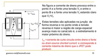 Na figura a corrente de dreno provoca entre o
                          ponto A e a fonte uma tensão VA e entre o
                          ponto B e a fonte uma tensão VB estando claro
                          que VA>VB.

                          Estas tensões são aplicadas na junção de
                          forma reversa e no ponto onde a tensão
                          reversa é maior a região de carga espacial
                          avança mais no canal,isto é, o estreitamento é
                          maior próximo do dreno.

                          IDSS = corrente de curto circuito entre dreno e fonte
                          ou drain-source shorted current e corresponde à
                          corrente máxima de dreno que o JFET pode
                          produzir.
gustavo.tai@hotmail.com                                                    11
 