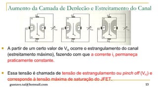 Aumento da Camada de Depleção e Estreitamento do Canal




   A partir de um certo valor de VDS ocorre o estrangulamento do canal
    (estreitamento máximo), fazendo com que a corrente iD permaneça
    praticamente constante.

   Essa tensão é chamada de tensão de estrangulamento ou pinch off (VPO) e
    corresponde à tensão máxima de saturação do JFET.
     gustavo.tai@hotmail.com                                              13
 