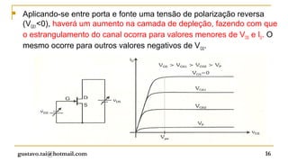     Aplicando-se entre porta e fonte uma tensão de polarização reversa
     (VGS1<0), haverá um aumento na camada de depleção, fazendo com que
     o estrangulamento do canal ocorra para valores menores de V DS e ID. O
     mesmo ocorre para outros valores negativos de VGS.




    gustavo.tai@hotmail.com                                            16
 