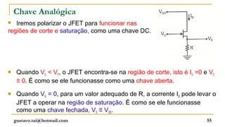 Chave Analógica
  Iremos polarizar o JFET para funcionar nas
regiões de corte e saturação, como uma chave DC.




    Quando VG < VP, o JFET encontra-se na região de corte, isto é ID =0 e VS
     ≡ 0. É como se ele funcionasse como uma chave aberta.
    Quando VG = 0, para um valor adequado de R, a corrente ID pode levar o
     JFET a operar na região de saturação. É como se ele funcionasse
     como uma chave fechada, VS ≡ VDD.
    gustavo.tai@hotmail.com                                               55
 