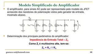 Modelo Simplificado do Amplificador
    O amplificador, para sinais AC pode ser representado pelo modelo do JFET
     acrescido dos resistores de polarização vistos pelo gerador de entrada,
     mostrado abaixo.




    Determinação dos principais parâmetros do amplificador:
                        Impedância de Entrada Total – ZET
                          Como ZE é muitíssimo alta, tem-se:
                                    ZET = RG1 / / RG2
    gustavo.tai@hotmail.com                                                     60
 