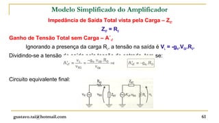 Modelo Simplificado do Amplificador
                 Impedância de Saída Total vista pela Carga – ZST
                                      ZST = RD
Ganho de Tensão Total sem Carga – A´vT
       Ignorando a presença da carga RL, a tensão na saída é VL = -gfs.VGS.RD.
Dividindo-se a tensão de saída pela tensão de entrada, tem-se:



Circuito equivalente final:




 gustavo.tai@hotmail.com                                                         61
 