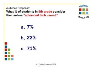 7% 22% 71% Audience Response:   What % of students in  9th grade  consider themselves  “advanced tech users?”   