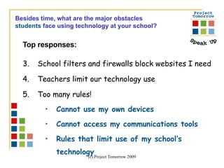 Top responses: School filters and firewalls block websites I need Teachers limit our technology use Too many rules!  Cannot use my own devices Cannot access my communications tools Rules that limit use of my school’s technology Besides time, what are the major obstacles  students  face using technology at your school? 