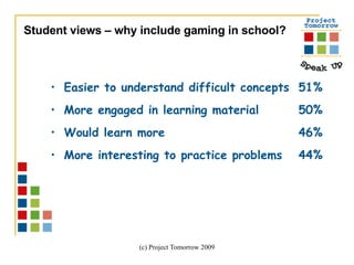 Easier to understand difficult concepts 51% More engaged in learning material 50% Would learn more 46% More interesting to practice problems 44% Student views – why include gaming in school? 