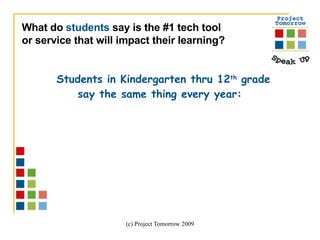 Students in Kindergarten thru 12 th  grade say the same thing every year:  What do  students  say is the #1 tech tool  or service that will impact their learning?  