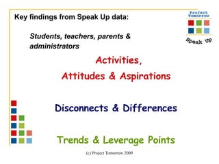 Students, teachers, parents &  administrators  Activities,  Attitudes & Aspirations Disconnects & Differences Trends & Leverage Points Key findings from Speak Up data: 