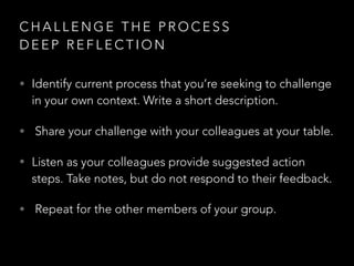 C H A L L E N G E T H E P R O C E S S
D E E P R E F L E C T I O N
• Identify current process that you’re seeking to challenge
in your own context. Write a short description.
• Share your challenge with your colleagues at your table.
• Listen as your colleagues provide suggested action
steps. Take notes, but do not respond to their feedback.
• Repeat for the other members of your group.
 