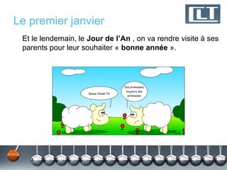 Le premier janvier
 Et le lendemain, le Jour de l’An , on va rendre visite à ses
 parents pour leur souhaiter « bonne année ».
 