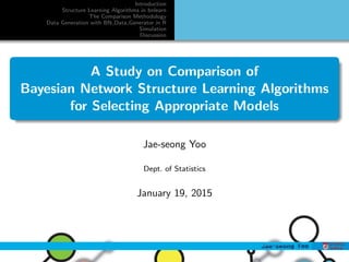 Introduction
Structure Learning Algorithms in bnlearn
The Comparison Methodology
Data Generation with BN Data Generator in R
Simulation
Discussion
A Study on Comparison of
Bayesian Network Structure Learning Algorithms
for Selecting Appropriate Models
Jae-seong Yoo
Dept. of Statistics
January 19, 2015
 