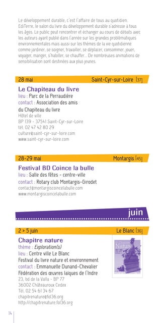 Le développement durable, c’est l’affaire de tous au quotidien.
     EdiTerre, le salon du livre du développement durable s’adresse à tous
     les âges. Le public peut rencontrer et échanger au cours de débats avec
     les auteurs ayant publié dans l’année sur les grandes problématiques
     environnementales mais aussi sur les thèmes de la vie quotidienne
     comme jardiner, se soigner, travailler, se déplacer, consommer, jouer,
     voyager, manger, s’habiller, se chauffer... De nombreuses animations de
     sensibilisation sont destinées aux plus jeunes.


     28 mai                                    Saint-Cyr-sur-Loire [37]
     Le Chapiteau du livre
     lieu : Parc de la Perraudière
     contact : Association des amis
     du Chapiteau du livre
     Hôtel de ville
     BP 139 - 37541 Saint-Cyr-sur-Loire
     tél. 02 47 42 80 29
     culture@saint-cyr-sur-loire.com
     www.saint-cyr-sur-loire.com



     28-29 mai                                              Montargis [45]
     Festival BD Coince la bulle
     lieu : Salle des fêtes - centre-ville
     contact : Rotary club Montargis-Girodet
     contact@montargiscoincelabulle.com
     www.montargiscoincelabulle.com



                                                                    juin
     2 > 5 juin                                               Le Blanc [36]
     Chapitre nature
     thème : Exploration(s)
     lieu : Centre ville Le Blanc
     Festival du livre nature et environnement
     contact : Emmanuelle Dunand-Chevalier
     Fédération des œuvres laïques de l’Indre
     23, bd de la Valla - BP 77
     36002 Châteauroux Cedex
     Tél. 02 54 61 34 67
     chapitrenature@fol36.org
     http://chapitrenature.fol36.org

14
 