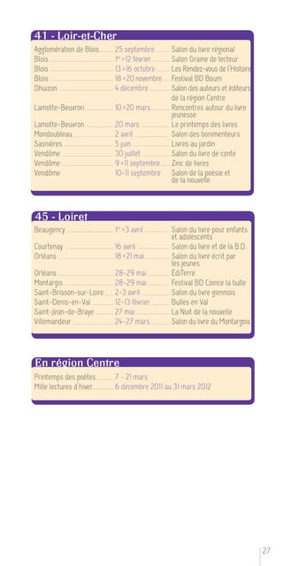 41 - Loir-et-Cher
Agglomération de Blois    25 septembre       Salon du livre régional
Blois                     1er > 12 février   Salon Graine de lecteur
Blois                     13 > 16 octobre    Les Rendez-vous de l’Histoire
Blois                     18 > 20 novembre   Festival BD Boum
Dhuizon                   4 décembre         Salon des auteurs et éditeurs
                                             de la région Centre
Lamotte-Beuvron           10 > 20 mars       Rencontres autour du livre
                                             jeunesse
Lamotte-Beuvron           20 mars            Le printemps des livres
Mondoubleau               2 avril            Salon des bonimenteurs
Sasnières                 5 juin             Livres au jardin
Vendôme                   30 juillet         Salon du livre de conte
Vendôme                   9 > 11 septembre   Zinc de livres
Vendôme                   10-11 septembre    Salon de la poésie et
                                             de la nouvelle



45 - Loiret
Beaugency                 1er > 3 avril      Salon du livre pour enfants
                                             et adolescents
Courtenay                 16 avril           Salon du livre et de la B.D.
Orléans                   18 > 21 mai        Salon du livre écrit par
                                             les jeunes
Orléans                   28-29 mai          ÉdiTerre
Montargis                 28-29 mai          Festival BD Coince la bulle
Saint-Brisson-sur-Loire   2-3 avril          Salon du livre giennois
Saint-Denis-en-Val        12-13 février      Bulles en Val
Saint-Jean-de-Braye       27 mai             La Nuit de la nouvelle
Villemandeur              24-27 mars         Salon du livre du Montargois




En région Centre
Printemps des poètes      7 - 21 mars
Mille lectures d’hiver    6 décembre 2011 au 31 mars 2012




                                                                             275
 