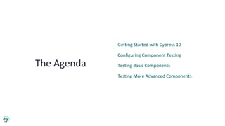 The Agenda
Getting Started with Cypress 10
Configuring Component Testing
Testing Basic Components
Testing More Advanced Co...