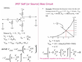 JFET Self (or Source) Bias Circuit
2
1and








−=
P
GS
DSSDS V
V
II
S
GS
P
GS
DSS R
V
V
V
I −=








−∴
2
1
021
2
=+


















+−
S
GS
P
GS
P
GS
DSS R
V
V
V
V
V
I
This quadratic equation can be solved for VGS & IDS
 