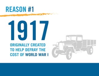 ORIGINALLY CREATED
TO HELP DEFRAY THE
COST OF WORLD WAR I
REASON #1
1917
 