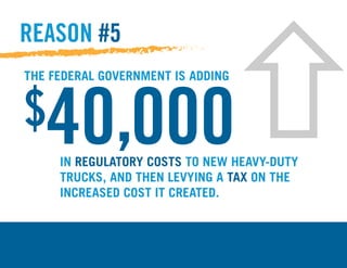 THE FEDERAL GOVERNMENT IS ADDING
REASON #5
$40,000IN REGULATORY COSTS TO NEW HEAVY-DUTY
TRUCKS, AND THEN LEVYING A TAX ON THE
INCREASED COST IT CREATED.
 