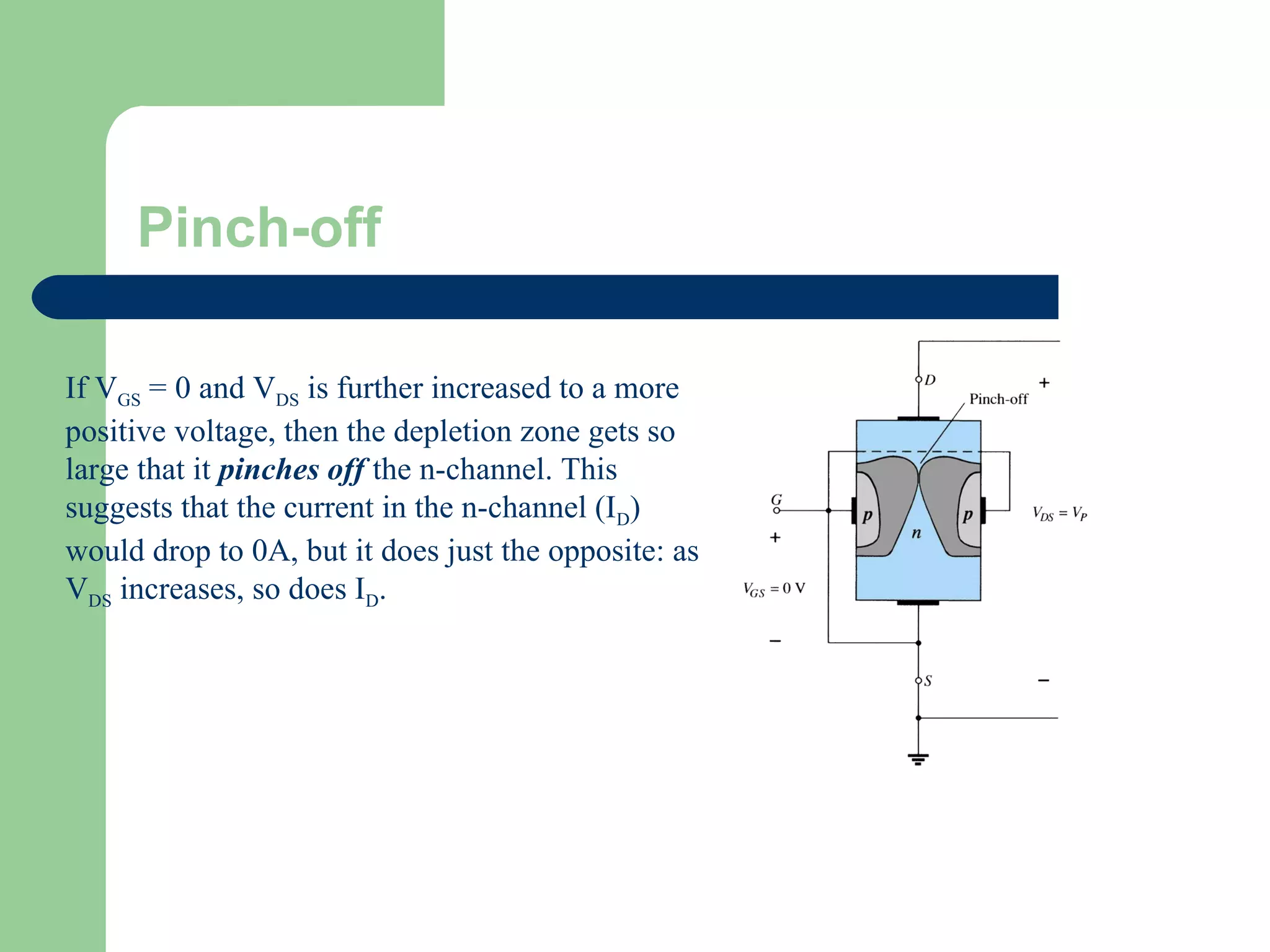 Pinch-off
If VGS = 0 and VDS is further increased to a more
positive voltage, then the depletion zone gets so
large that it pinches off the n-channel. This
suggests that the current in the n-channel (ID)
would drop to 0A, but it does just the opposite: as
VDS increases, so does ID.
 