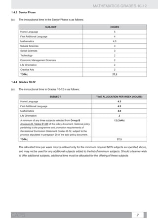 MATHEMATICS GRADES 10-12
1.4.3	Senior Phase

(a)	   The instructional time in the Senior Phase is as follows:

                               SUBJECT                                                   HOURS
        Home Language                                                                       5
        First Additional Language                                                           4
        Mathematics                                                                        4,5
        Natural Sciences                                                                    3
        Social Sciences                                                                     3
        Technology                                                                          2
        Economic Management Sciences                                                        2
        Life Orientation                                                                    2
        Creative Arts                                                                       2
        TOTAL                                                                             27,5


1.4.4	 Grades 10-12

(a)	   The instructional time in Grades 10-12 is as follows:

                                    Subject                                 Time allocation per week (hours)
        Home Language                                                                            4.5
        First Additional Language                                                                4.5
        Mathematics                                                                              4.5
        Life Orientation                                                                          2
         minimum of any three subjects selected from Group B
        A                                                                                   12 (3x4h)
        Annexure B, Tables B1-B8 of the policy document, National policy
        pertaining to the programme and promotion requirements of
        the National Curriculum Statement Grades R-12, subject to the
        provisos stipulated in paragraph 28 of the said policy document.
        TOTAL                                                                                    27,5


	      The allocated time per week may be utilised only for the minimum required NCS subjects as specified above,
       and may not be used for any additional subjects added to the list of minimum subjects. Should a learner wish
       to offer additional subjects, additional time must be allocated for the offering of these subjects




CAPS                                                                                                        7
 