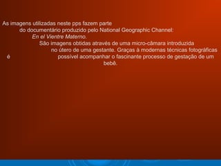 As imagens utilizadas neste pps fazem parte
do documentário produzido pelo National Geographic Channel:
En el Vientre Materno.
São imagens obtidas através de uma micro-câmara introduzida
no útero de uma gestante. Graças à modernas técnicas fotográficas
é possível acompanhar o fascinante processo de gestação de um
bebê.
 