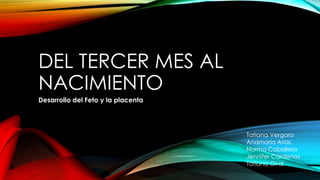 DEL TERCER MES AL 
NACIMIENTO 
Desarrollo del Feto y la placenta 
Tatiana Vergara 
Anamaría Arias 
Norma Caballero 
Jennifer Cárdenas 
Tatiana Giral 
 