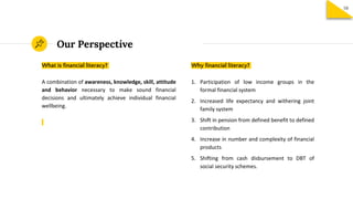 Our Perspective
Why financial literacy?
1. Participation of low income groups in the
formal financial system
2. Increased life expectancy and withering joint
family system
3. Shift in pension from defined benefit to defined
contribution
4. Increase in number and complexity of financial
products
5. Shifting from cash disbursement to DBT of
social security schemes.
10
What is financial literacy?
A combination of awareness, knowledge, skill, attitude
and behavior necessary to make sound financial
decisions and ultimately achieve individual financial
wellbeing.
 