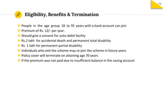 Eligibility, Benefits & Termination
136
◉ People in the age group 18 to 70 years with a bank account can join
◉ Premium of Rs. 12/- per year.
◉ Should give a consent for auto-debit facility
◉ Rs.2 lakh for accidental death and permanent total disability
◉ Rs. 1 lakh for permanent partial disability
◉ Individuals who exit the scheme may re-join the scheme in future years
◉ Policy cover will terminate on attaining age 70 years
◉ If the premium was not paid due to insufficient balance in the saving account
 