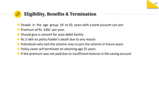 Eligibility, Benefits & Termination
139
◉ People in the age group 18 to 50 years with a bank account can join
◉ Premium of Rs. 330/- per year.
◉ Should give a consent for auto-debit facility
◉ Rs.2 lakh on policy holder’s death due to any reason
◉ Individuals who exit the scheme may re-join the scheme in future years
◉ Policy cover will terminate on attaining age 55 years
◉ If the premium was not paid due to insufficient balance in the saving account
 
