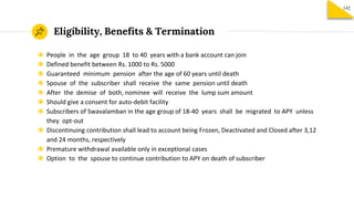 Eligibility, Benefits & Termination
142
◉ People in the age group 18 to 40 years with a bank account can join
◉ Defined benefit between Rs. 1000 to Rs. 5000
◉ Guaranteed minimum pension after the age of 60 years until death
◉ Spouse of the subscriber shall receive the same pension until death
◉ After the demise of both, nominee will receive the lump sum amount
◉ Should give a consent for auto-debit facility
◉ Subscribers of Swavalamban in the age group of 18-40 years shall be migrated to APY unless
they opt-out
◉ Discontinuing contribution shall lead to account being Frozen, Deactivated and Closed after 3,12
and 24 months, respectively
◉ Premature withdrawal available only in exceptional cases
◉ Option to the spouse to continue contribution to APY on death of subscriber
 