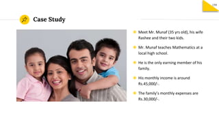 Case Study
159
◉ Meet Mr. Munaf (35 yrs old), his wife
Rashee and their two kids.
◉ Mr. Munaf teaches Mathematics at a
local high school.
◉ He is the only earning member of his
family.
◉ His monthly income is around
Rs.45,000/-.
◉ The family’s monthly expenses are
Rs.30,000/-.
 