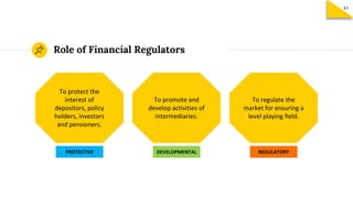 Role of Financial Regulators
To protect the
interest of
depositors, policy
holders, investors
and pensioners.
PROTECTIVE
To promote and
develop activities of
intermediaries.
To regulate the
market for ensuring a
level playing field.
DEVELOPMENTAL REGULATORY
43
 