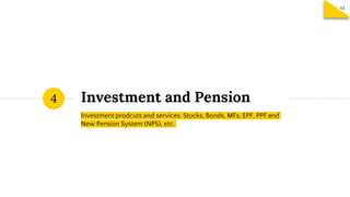 Investment and Pension
Investment prodcuts and services. Stocks, Bonds, MFs, EPF, PPF and
New Pension System (NPS), etc.
4
61
 