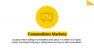 Commodities Markets
is a place where trading in commodities takes place. It is similar to an equity
market, but instead of buying or selling shares one buys or sells commodities.
79
 