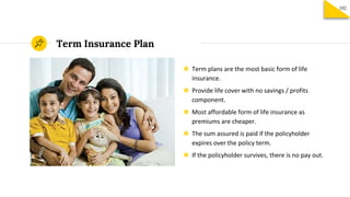 Term Insurance Plan
◉ Term plans are the most basic form of life
insurance.
◉ Provide life cover with no savings / profits...