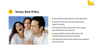 Money Back Policy
◉ It gives periodic payments over the policy term.
◉ A portion of the sum assured is paid out at
regular...