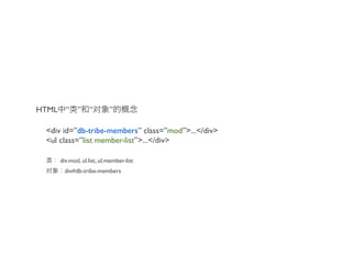 HTML     “ ” “              ”

 <div id=”db-tribe-members” class=”mod”>...</div>
 <ul class=”list member-list”>...</div>

       div.mod, ul.list, ul.member-list
        div#db-tribe-members
 