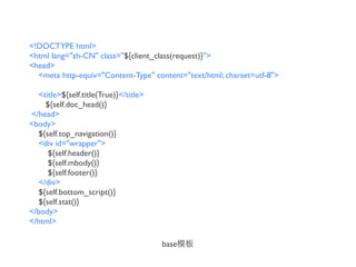 <!DOCTYPE html>
<html lang="zh-CN" class="${client_class(request)}">
<head>
  <meta http-equiv="Content-Type" content="text/html; charset=utf-8">

  <title>${self.title(True)}</title>
    ${self.doc_head()}
</head>
<body>
  ${self.top_navigation()}
  <div id="wrapper">
     ${self.header()}
     ${self.mbody()}
     ${self.footer()}
  </div>
  ${self.bottom_script()}
  ${self.stat()}
</body>
</html>

                                       base
 