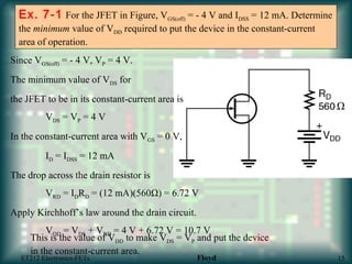 Ex. 7-1 For the JFET in Figure, VGS(off) = - 4 V and IDSS = 12 mA. Determine
the minimum value of VDD required to put the device in the constant-current
area of operation.
Since VGS(off) = - 4 V, VP = 4 V.
The minimum value of VDS for
the JFET to be in its constant-current area is
VDS = VP = 4 V
In the constant-current area with VGS = 0 V,
ID = IDSS = 12 mA
The drop across the drain resistor is
VRD = IDRD = (12 mA)(560Ω) = 6.72 V
Apply Kirchhoff’s law around the drain circuit.
VDD = VDS + VRD = 4 V + 6.72 V = 10.7 V
This is the value of VDD to make VDS = VP and put the device
in the constant-current area.
Ω
ET212 Electronics-FETs Floyd 15
 