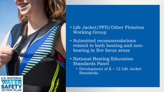 • Life Jacket/PFD/Other Flotation
Working Group
• Submitted recommendations
related to both boating and non-
boating in five focus areas
• National Boating Education
Standards Panel
• Development of K – 12 Life Jacket
Standards
 