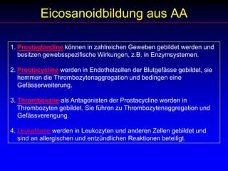 Eicosanoidbildung aus AA1. Prostaglandine können in zahlreichen Geweben gebildet werden und     besitzen gewebsspezifische Wirkungen, z.B. in Enzymsystemen. 2. Prostacycline werden in Endothelzellen der Blutgefässe gebildet, sie     hemmen die Thrombozytenaggregation und bedingen eine     Gefässerweiterung. 3. Thromboxane als Antagonisten der Prostacycline werden in     Thrombozyten gebildet. Sie führen zu Thrombozytenaggregation und     Gefässverengung. 4. Leukotriene werden in Leukozyten und anderen Zellen gebildet und     sind an allergischen und entzündlichen Reaktionen beteiligt. 
