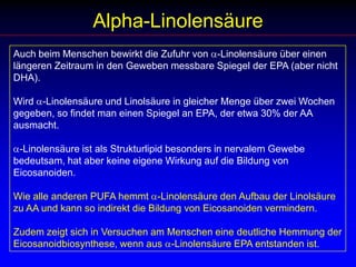   Verminderung der Neigung zu entzündlichen Prozessen,      rheumatischen Erkrankungsformen, Allergien, Depressionen etc. Früher war Fleisch ein wichtiger Omega-3-Lieferant. Durch die moderne Tierfütterung wird nicht mehr genügend Grünfutter, das die Omega-3-Vorstufe liefert mit der Nahrung bereit gestellt. Schweine, Rinder, Hühner und Puten erhalten heute meist Weizen, Mais und andere Getreide, die einen hohen Gehalt an Omega-6-Fettsäuren aufweisen. Dies gilt übrigens auch für Zuchtfisch!