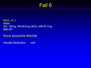 Fall 3Frau, 39 JBankangestellteKG: 58 kg, FM 15.9 kg (27%), MM 42.1 kgBMI 22.1Keine physische AktivitätAktuelle Medikation: 	nihil