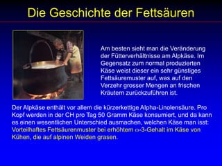 Die Geschichte der Fettsäuren				Am besten sieht man die Veränderung 					der Fütterverhältnisse am Alpkäse. Im 					Gegensatz zum normal produzierten 					Käse weist dieser ein sehr günstiges 					Fettsäuremuster auf, was auf den 					Verzehr grosser Mengen an frischen 					Kräutern zurückzuführen ist.Der Alpkäse enthält vor allem die kürzerkettige AIpha-Linolensäure. Pro Kopf werden in der CH pro Tag 50 Gramm Käse konsumiert, und da kann es einen wesentlichen Unterschied ausmachen, welchen Käse man isst:Vorteilhaftes Fettsäurenmuster bei erhöhtem w-3-Gehalt im Käse von Kühen, die auf alpinen Weiden grasen.