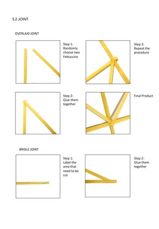 5.2 JOINT
Step	
  1:	
  
Randomly	
  
choose	
  two	
  
Fe0uccine	
  
Step	
  2:	
  
Glue	
  them	
  
together	
  
Step	
  3:	
  
Repeat	
  the	
  
procedure	
  
Final	
  Product	
  
OVERLAID	
  JOINT	
  
BRIDLE	
  JOINT	
  
Step	
  1:	
  
Label	
  the	
  
area	
  that	
  
need	
  to	
  be	
  
cut	
  
Step	
  2:	
  
Glue	
  them	
  
together	
  
 
